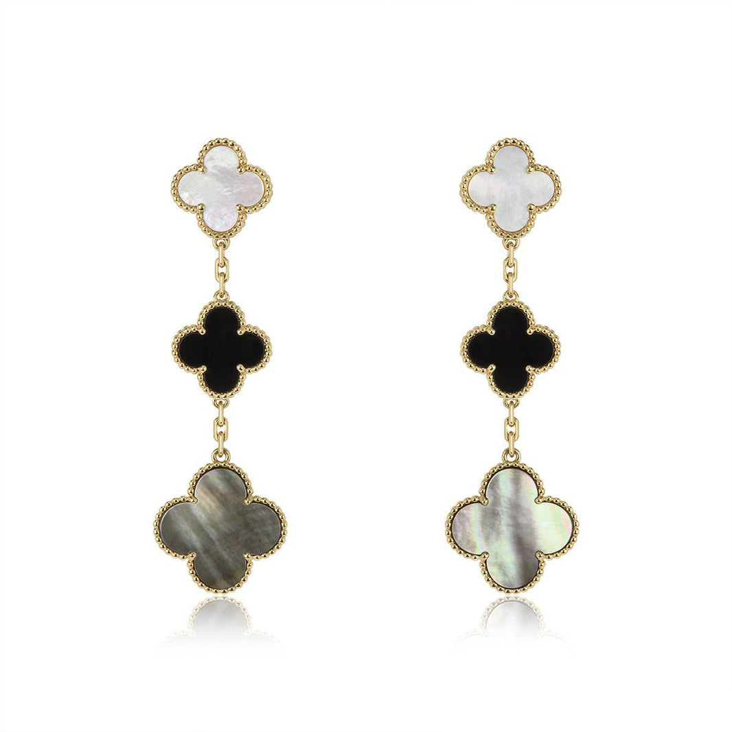 [LUCKY LOVE]CLOVER EARRINGS GOLD ONYX MOP 3 MOTIF